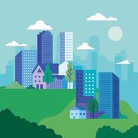 City landscape with buildings, houses, trees, clouds and sun vector design