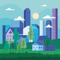 City landscape with buildings, houses, trees, clouds and sun vector design