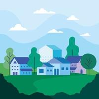 City landscape with houses, trees and clouds vector design