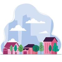 City landscape with houses, trees and clouds vector design