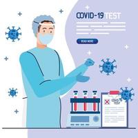 covid 19 virus test doctor with mask, uniform, tubes and medical document vector design