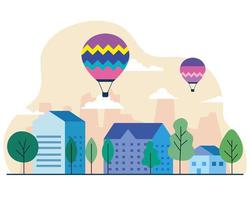 City houses with hot air balloons, trees and clouds vector design