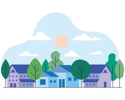 city houses with trees, sun and clouds vector design