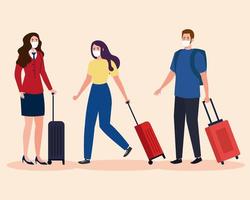 New normal of stewardess, woman and man with mask and travel bags vector design