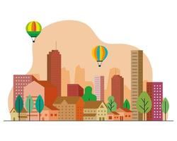 City landscape with orange buildings, houses, hot air balloons and trees vector design