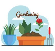 Gardening rake, plants and flower inside pots vector design