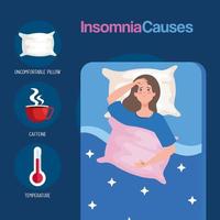 insomnia causes, woman on bed with pillow and icon set vector design