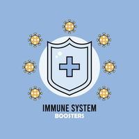 immune system booster shield with covid19 particles and lettering vector