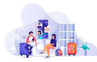 Couple travel to vacation flat landing page vector