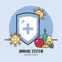 immune system booster shield with vegetables and covid19 particles vector