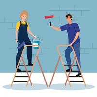 woman and man cartoons painting with roll, bucket and ladder vector design