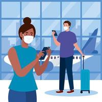 Nueva normalidad de mujer y hombre con máscara, teléfonos inteligentes y bolso en el diseño vectorial del aeropuerto vector