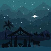 nativity, mary, joseph, baby and wise men on green background vector design