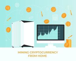 Ability to mining cryptocurrency bitcoin on your computer at home with the help of hard drives vector