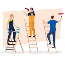 man and women with construction drill, paint roll and bucket on ladders vector design