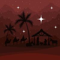 nativity, mary, joseph, baby and wise men on red background vector design