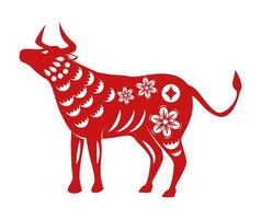 chinese new year red silhouette ox with flowers pattern vector