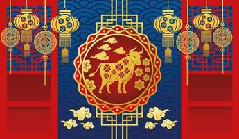 chinese new year card with golden ox and lamps hanging vector