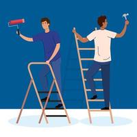 men with construction hammer, paint roll and ladder vector design