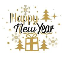 Happy new year with gift and pine trees vector design