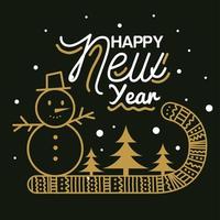 Happy new year with snowman candy and pine trees vector design