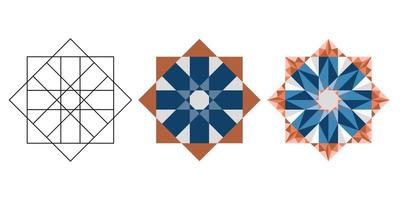 Linear and flat and polygonal oriental geometric blue brown kaleidoscope vector