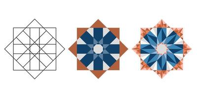 Linear and flat and polygonal oriental geometric blue brown kaleidoscope vector