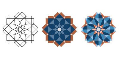 Linear and flat and polygonal oriental geometric blue brown kaleidoscope