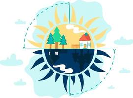 This is the concept of the winter solstice and this is a flat illustration with a house day and night against the backdrop of the sun vector