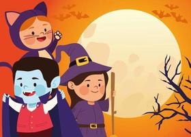 cute little kids dressed as a cat and witch with vampire in moon scene vector