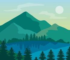 landscape nature and lake, pine trees with mountains vector