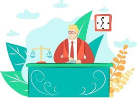 This is a flat illustration of a prosecutor seated at a table vector