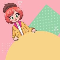 personaje de anime de niña adolescente en plantilla colorida vector