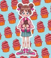 niña adolescente comiendo cupcake personaje de anime vector