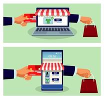 online shopping technology in smartphone and laptop with credit cards vector