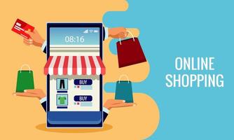 online shopping with store facade in smartphone and bags vector