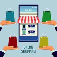 Tecnología de compras online con fachada de tienda en smartphone. vector