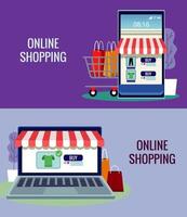 online shopping technology in smartphone and laptop with cart vector