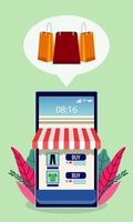 Tecnología de compras en línea con fachada de tienda en teléfono inteligente y hojas. vector