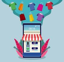 online shopping technology with smartphone and shirts vector