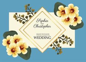 wedding invitation card with yellow flowers and golden frame vector