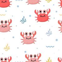 Seamless pattern with cute crab and seaweeds vector