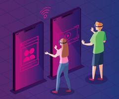 couple with glasses of reality augmented and smartphone vector