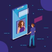 couple performing video call and social media icons vector