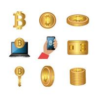 bundle of bitcoins with set icons vector