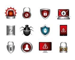 paquete de iconos y seguridad cibernética vector