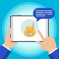 Hands holding black tablet device isolated on blue background Pad tablet in human hands chat bot icon and popped chat bubble above flat design vector illustration Pointer finger touch the screen