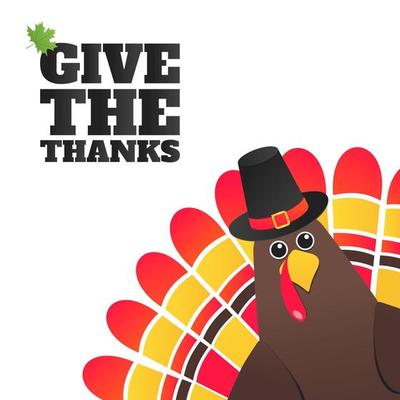 Happy thanksgiving day flat style design poster vector illustration with turkey text give the thanks and autumn maple leaf Turkey with hat and colored feathers celebrate holidays