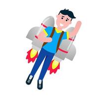 Boy flying with rocket jetpack like a super hero pilot flat style design vector illustration isolated on white background Young male person with flaming jetpack on his back