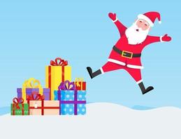 Papá Noel salta con sombrero, barba y cara sonriente, personaje de estilo plano vector